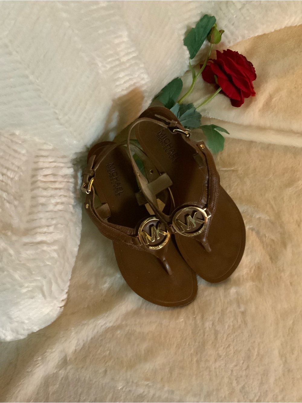 Michael Kors Brown Girls' MK Logo T-Strap Sandals